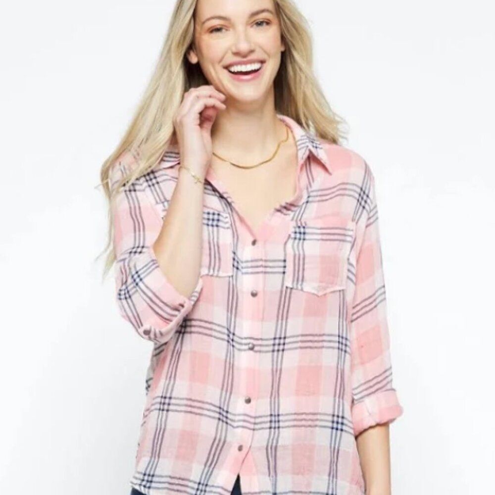 Kut From The Kloth Florence Blouse Women's Small Pink Gray Plaid Long Sleeve